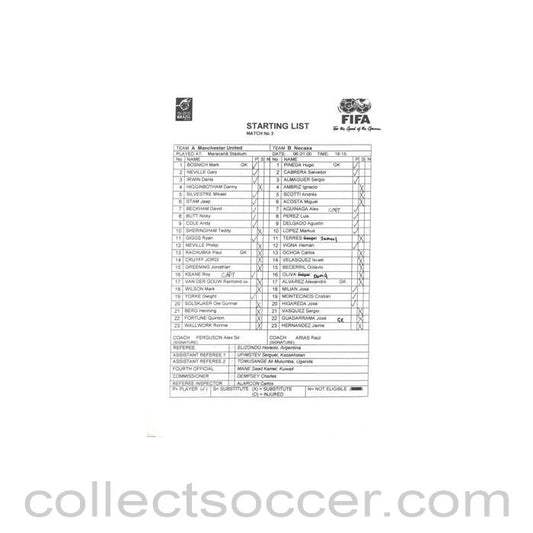 2000 - Manchester United v Necaxa Starting List 06/01/2000 Club World Cup in Brazil