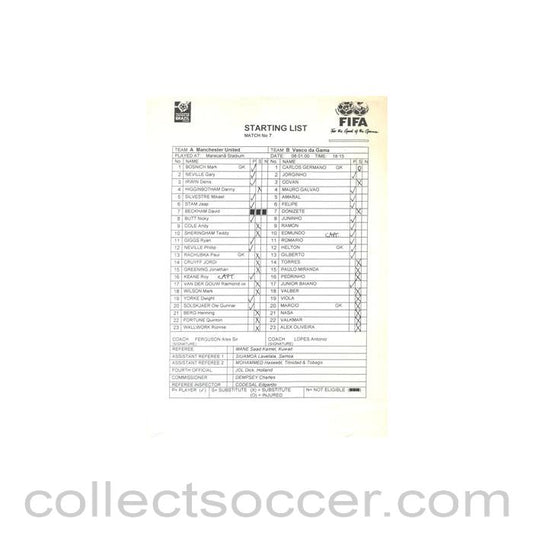 2000 - Manchester United v Vasco da Gama Starting List 08/01/2000 Club World Cup in Brazil