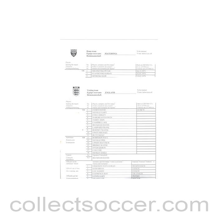 2006 - Macedonia v England pair of teamsheets 06/09/2006 Champions League