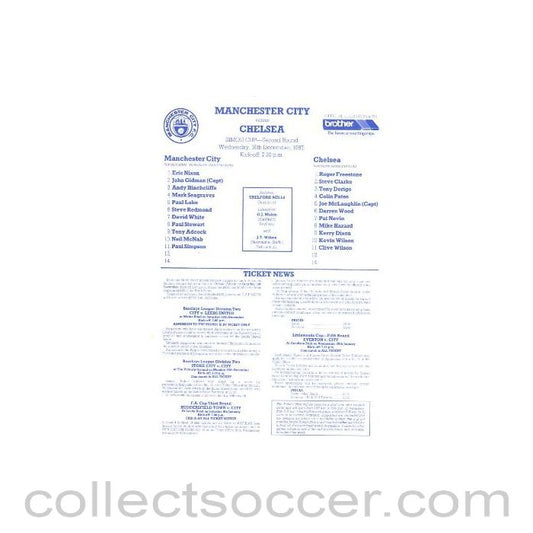 1987 - Manchester City v Chelsea official teamsheet 16/12/1987