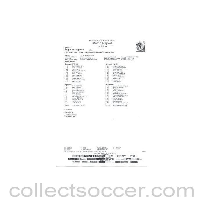 2010 World Cup official black and white half-time Match Report England v Algeria 18/06/2010