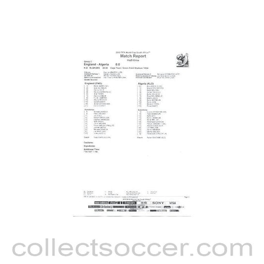 2010 World Cup official black and white half-time Match Report England v Algeria 18/06/2010