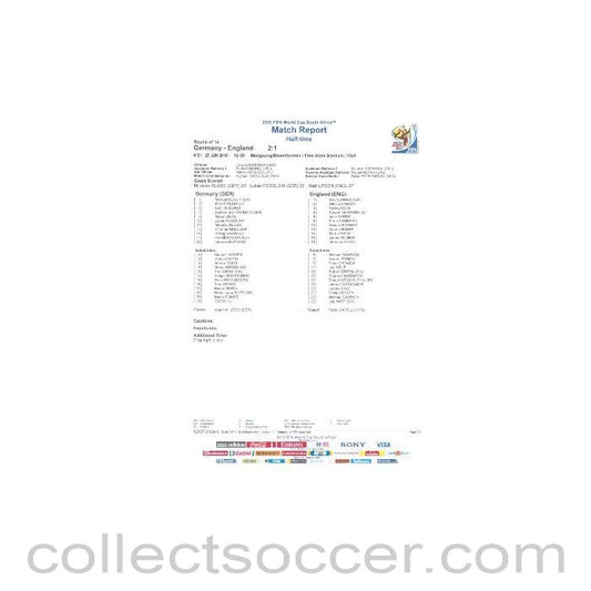 2010 World Cup official colour half-time Match Report Germany v England 27/06/2010