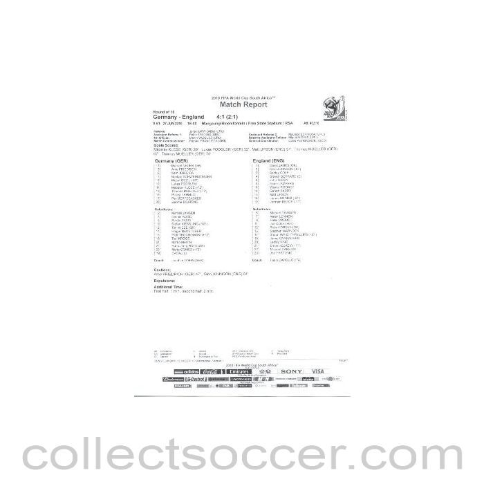 2010 World Cup official black and white full-time Match Report Germany v England 27/06/2010
