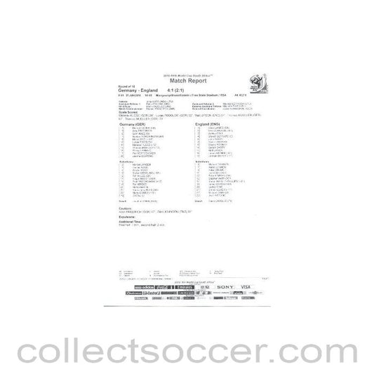 2010 World Cup official black and white full-time Match Report Germany v England 27/06/2010