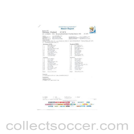 2010 World Cup official colour full-time Match Report Germany v England 27/06/2010
