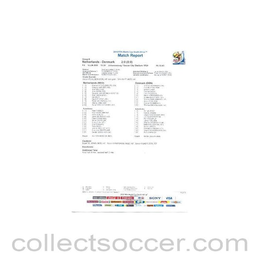 2010 World Cup official colour full-time Match Report Netherlands v Denmark 14/06/2010