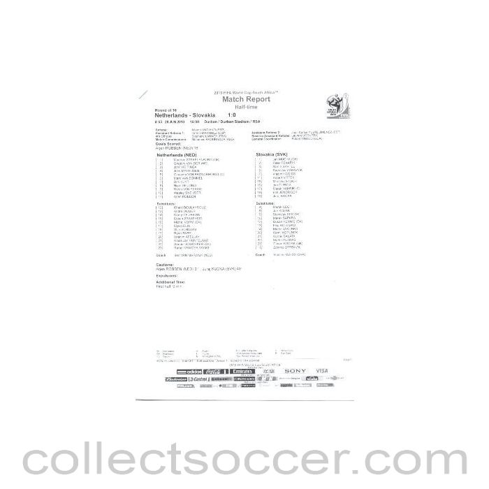 2010 World Cup official black and white half-time Match Report Netherlands v Slovakia 28/06/2010