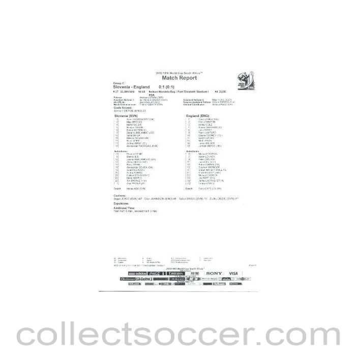 2010 World Cup official black and white full-time Match Report Slovenia v England 23/06/2010