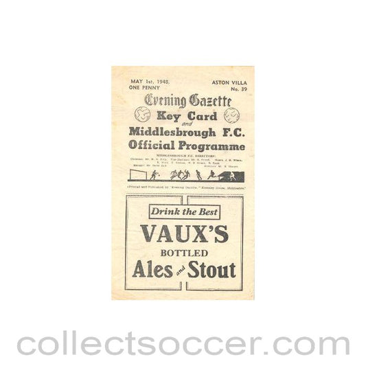 1948 - Middlesbrough v Aston Villa official programme 01/05/1948
