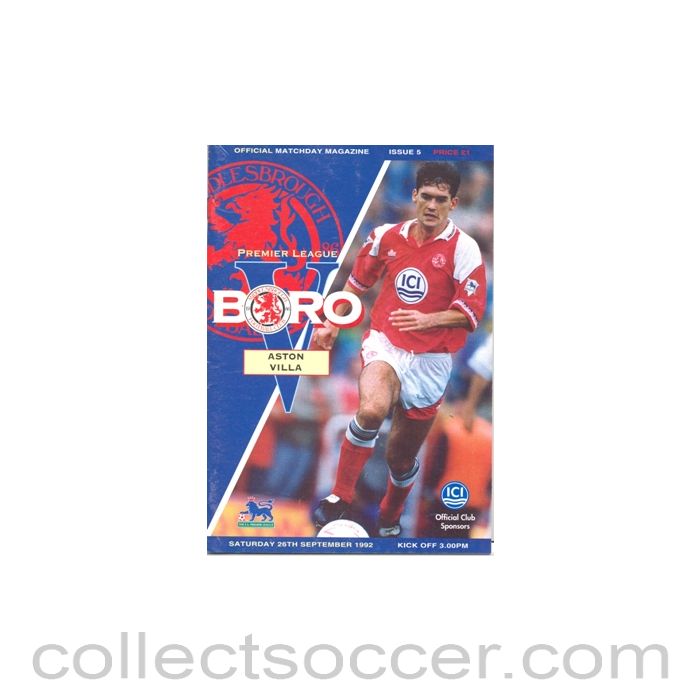 1992 - Middlesbrough v Aston Villa official programme 26/09/1992