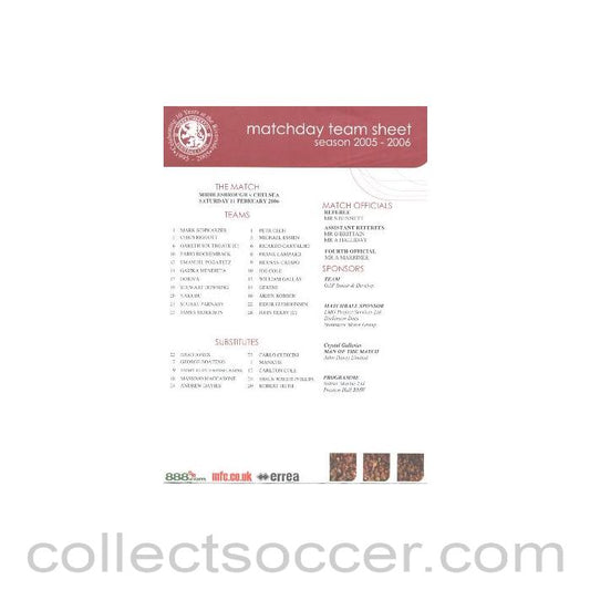 2006 - Middlesbrough v Chelsea official colour teamsheet 11/02/2006