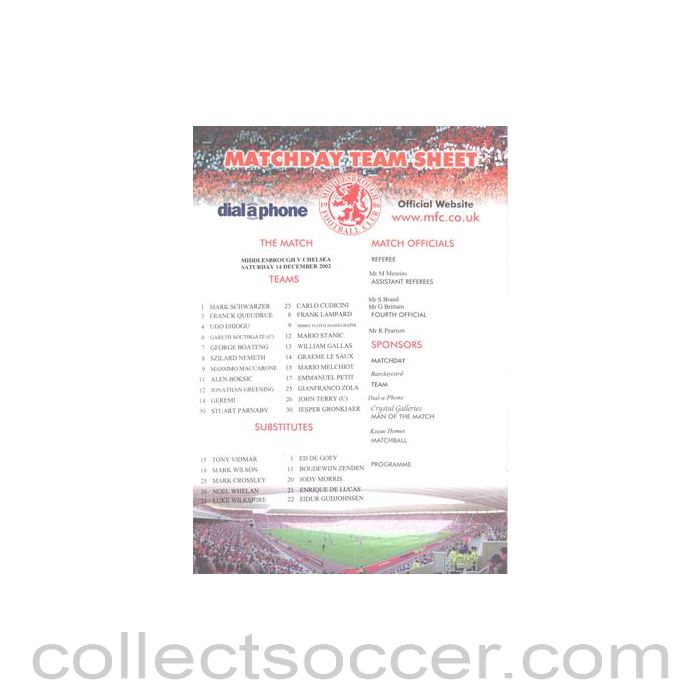 2002 - Middlesbrough v Chelsea official colour teamsheet 14/12/2002 Premier League