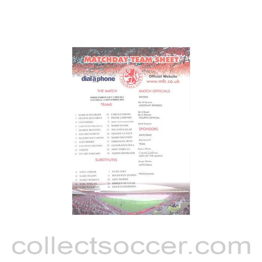 2002 - Middlesbrough v Chelsea official colour teamsheet 14/12/2002 Premier League