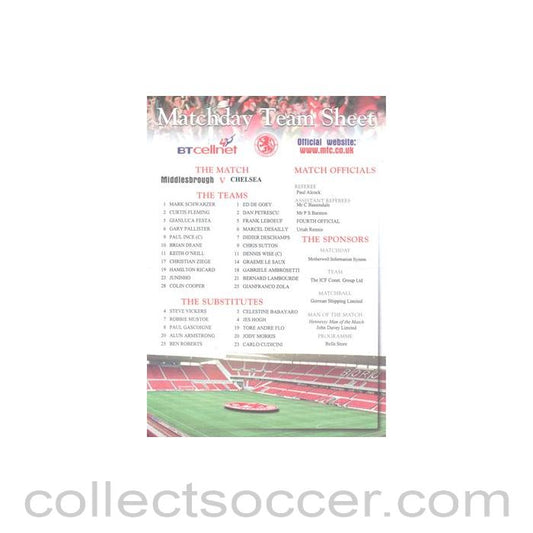 Middlesbrough v Chelsea official colour teamsheet