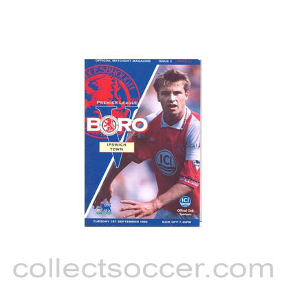 1992 - Middlesbrough v Ipswich Town official programme 01/09/1992
