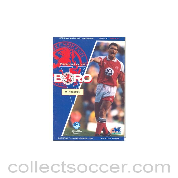 1992 - Middlesbrough v Wimbledon official programme 21/11/1992