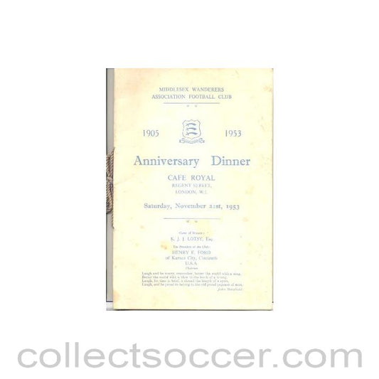 1953 - Middlesex Wanderers Anniversary Dinner Menu 21/11/1953