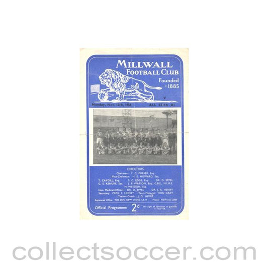 1956 - Millwall v All Star XI official programme 12/11/1956 Benefit Match