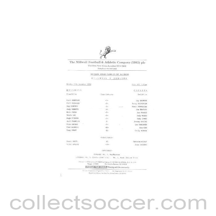1990 - Millwall v Chelsea official teamsheet 17/12/1990