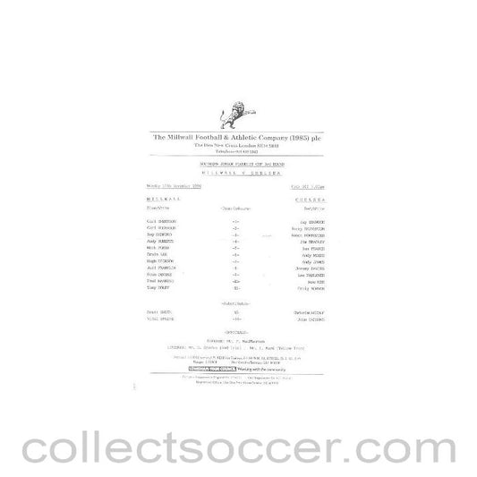 1990 - Millwall v Chelsea official teamsheet 17/12/1990