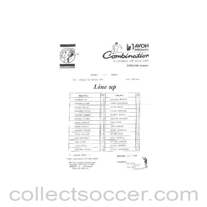 1996 - Millwall v Chelsea official teamsheet 22/01/1996
