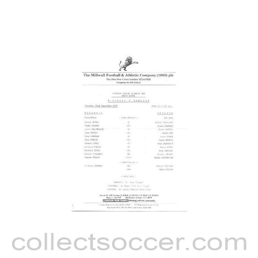 1987 - Millwall v Chelsea official teamsheet 22/09/1987