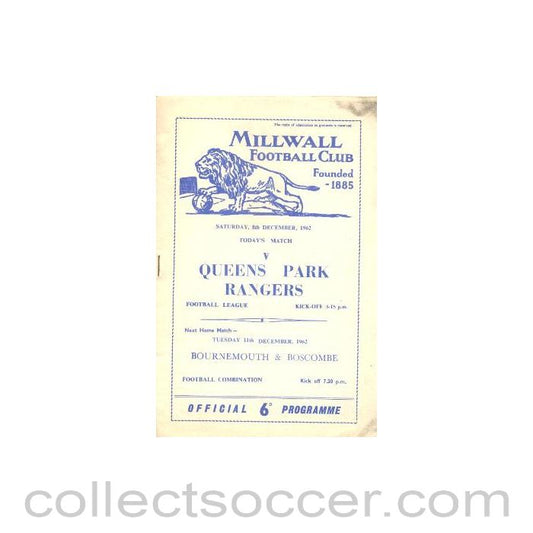 1962 - Millwall v Queen's Park Rangers official programme 08/12/1962