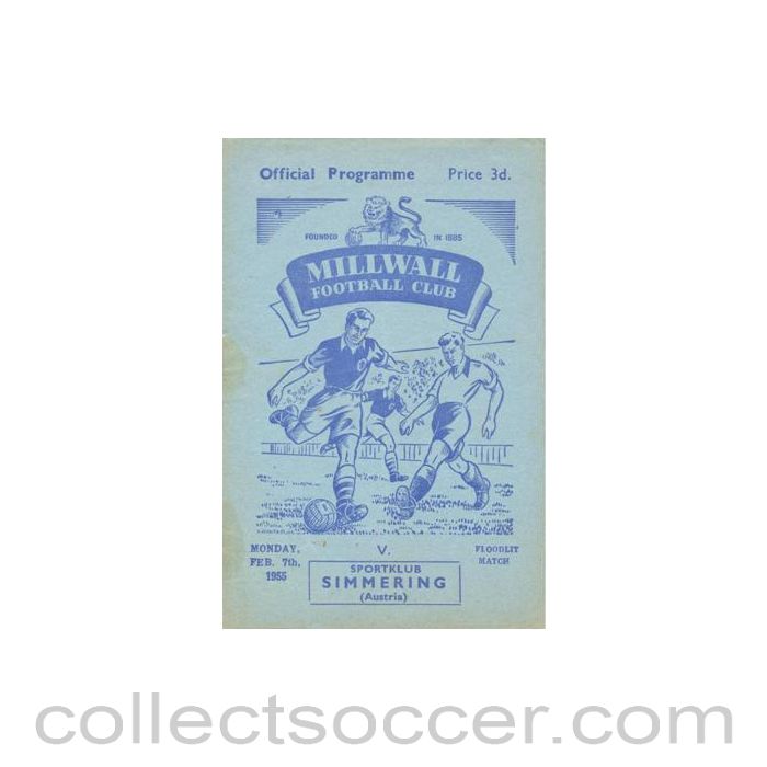 1955 - Millwall v Simmering, Austria official programme 07/02/1955