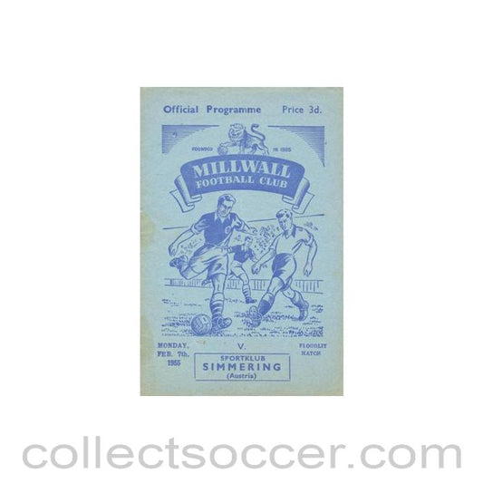 1955 - Millwall v Simmering, Austria official programme 07/02/1955