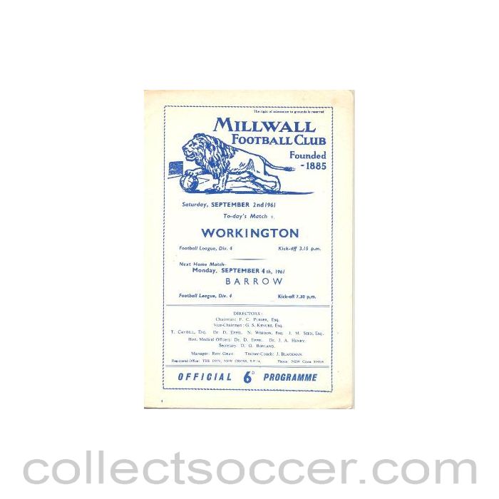 1961 - Millwall v Workington official programme 02/09/1961