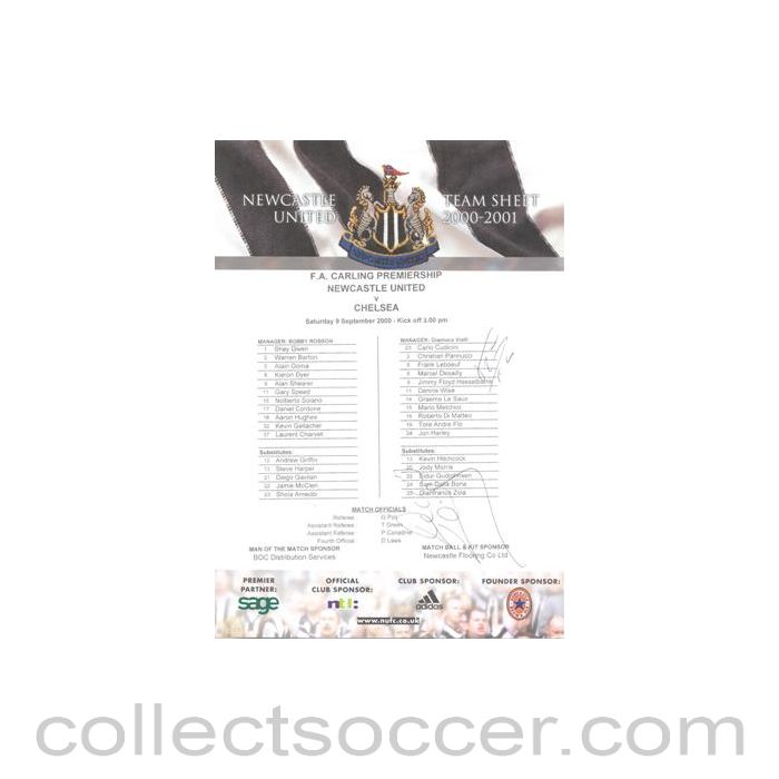 2000 - Newcastle United v Chelsea official colour teamsheet 09/09/2000 Premier League, signed
