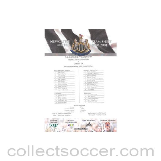 2000 - Newcastle United v Chelsea official colour teamsheet 09/09/2000 Premier League