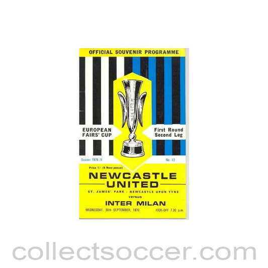 1970 Newcastle United v Inter Milan European Fairs' Cup First Round Second Leg official programme 30/09/1970