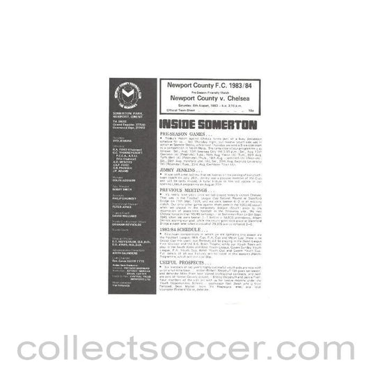 1983 - Newport County vChelsea official programme 06/08/1983 Friendly Match
