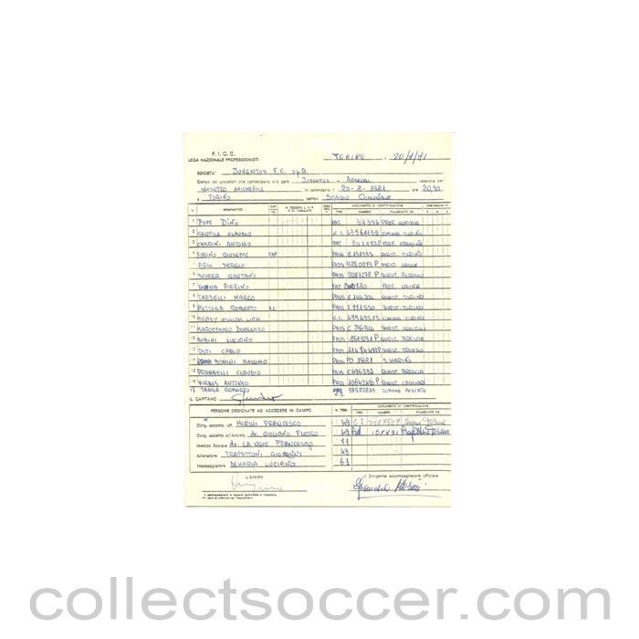 1981 - Non Programme Game Handwritten Teamsheet of Juventus 20/08/1981 Torino