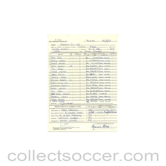 1981 - Non Programme Game Handwritten Teamsheet of Juventus 20/08/1981 Torino