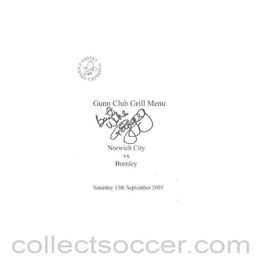 2003 - Norwich City v Burnley signed menu 13/09/2003