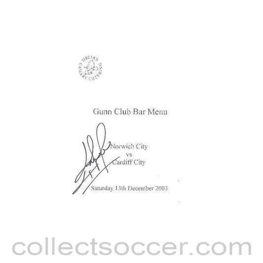 Norwich City v Cardiff City signed menu 13/12/2003