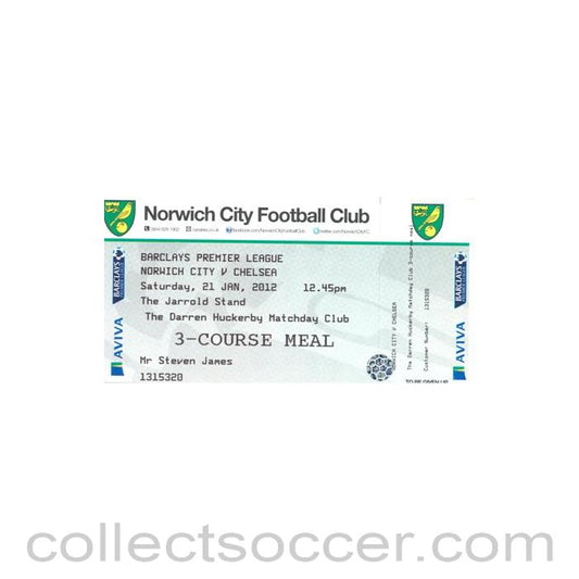 2012 - Norwich City v Chelsea unused ticket 21/01/2012 Premier League