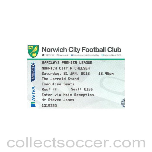2012 - Norwich City v Chelsea used ticket 21/01/2012 Premier League