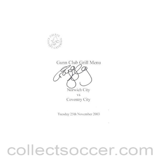 2003 - Norwich City v Coventry City signed menu 25/11/2003