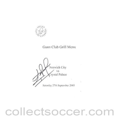 2003 - Norwich City v Crystal Palace signed menu 27/09/2003