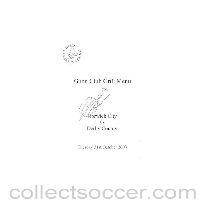 2003 - Norwich City v Derby County signed menu 21/10/2003