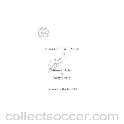 2003 - Norwich City v Derby County signed menu 21/10/2003