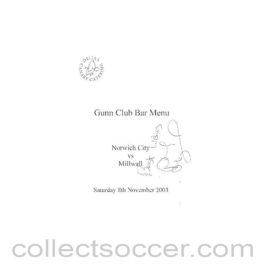 2003 - Norwich City v Millwall signed menu 08/11/2003