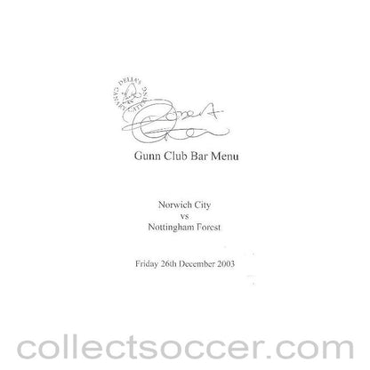 2003 - Norwich City v Nottingham Forest signed menu 26/12/2003