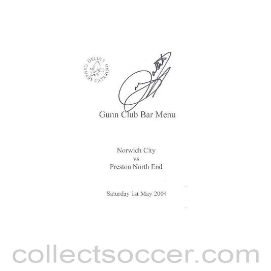 2004 - Norwich City v Preston North End signed menu 01/05/2004