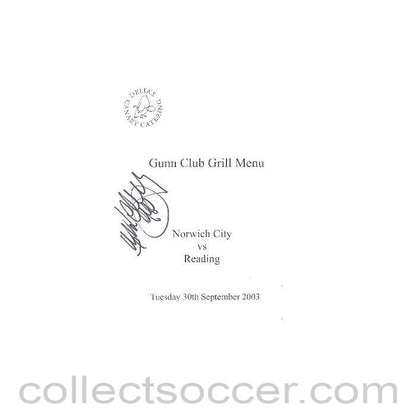2003 - Norwich City v Reading signed menu 30/09/2003