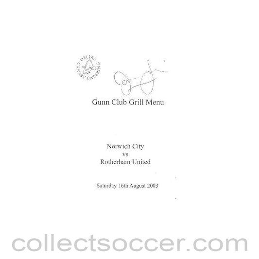 2003 - Norwich City v Rotherham United signed menu 16/08/2003